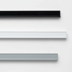 A product image of Custom Track in White, Silver and Black shows simple sleek hardware for sliding glass door curtain ideas