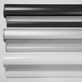 A product image of valances and bottom bars for Double Roller Shades for windows shows black, silver and white colors