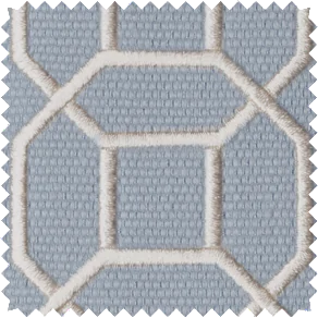 A swatch of Samuel & Sons Sakiori Embroidered trim in Porcelain shows a hexagonal stitch design on a light blue background