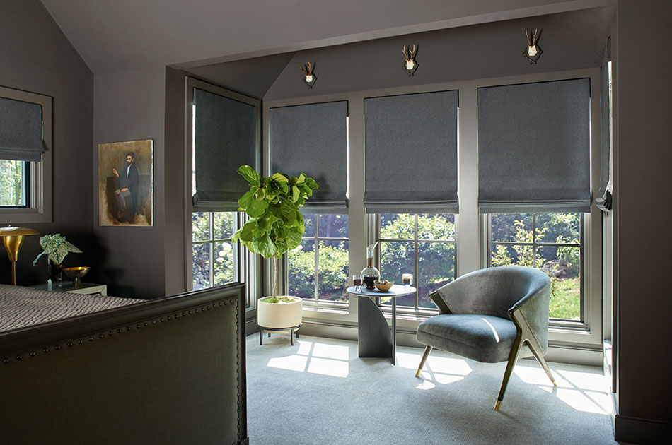 The Shade Store Flat Roman Shades Wool Blend Charcoal How To Install Roman Shades Cozy Bedroom Hero 2020 Chappaqua 950x630px 