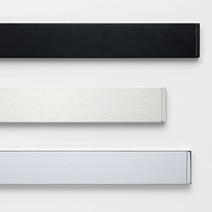 A product image of Lexington Track in Chrome, Satin Nickel & Black shows sleek hardware for sliding glass door curtain ideas