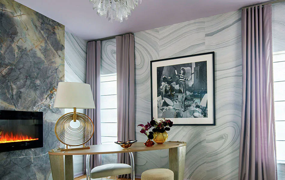 Home office curtains made of Andes in Lavender Mist add an ethereal element to a glam-inspired office with marble accents
