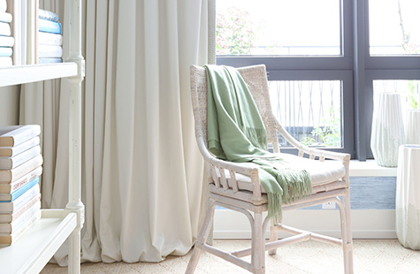 Home office curtains made of Wool Sateen in Winter offer a plush, luxe look to an office and help with sound absorption