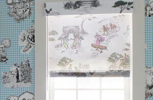 A small window in a room with popart wallpaper has a Roller Shade made of light-filtering Harlem Toile De Jouy in Multi-White