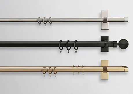 A product image of Saratoga Hardware shows the quality brass rods in 3 colors for dining room curtain ideas