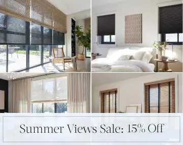 Four images show shades, blinds and drapery in multiple rooms with overlaid sales messaging for Summer Views Sale: 15% Off