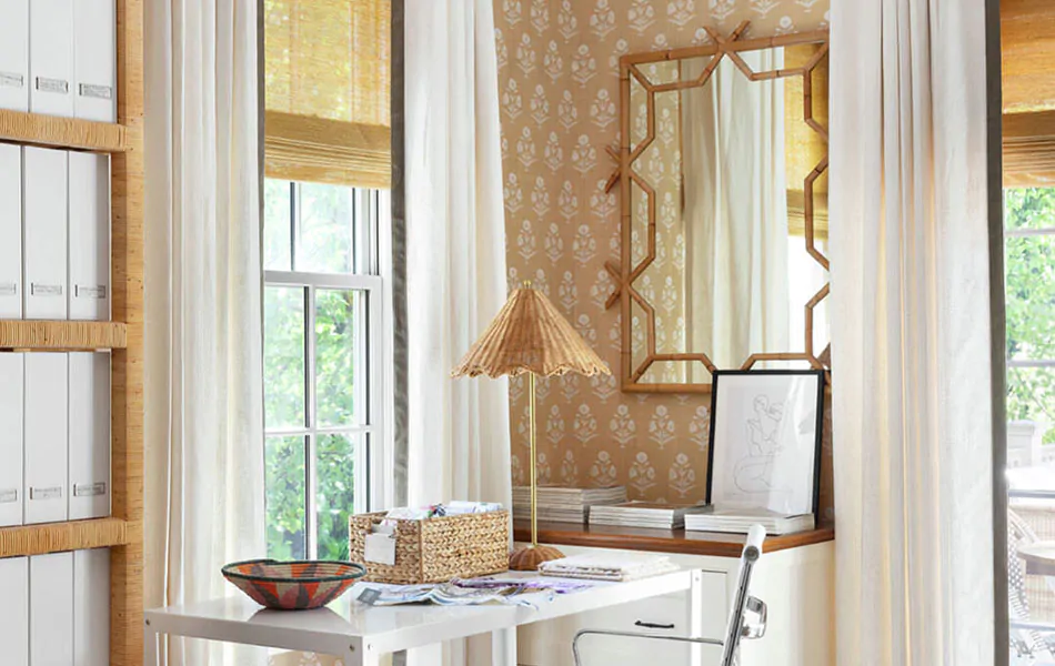 Home office curtains made of Linen Blend in White with Flanders trim in Olive add another layer of texture to a boho office