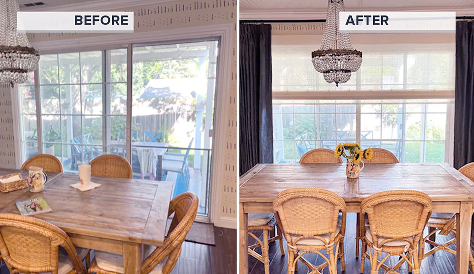 A before and after photo shows Nathan putting his window treatment tips to work with layered drapery and woven shades