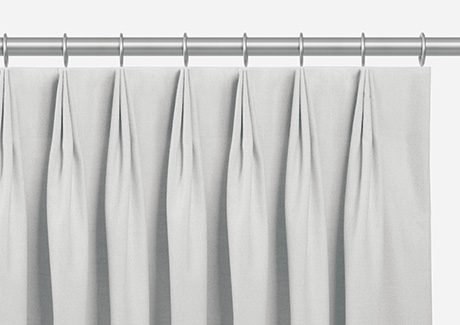 A product image of Tailored Pleat Drapery shows the 3-finger pleats of one pleat style for sliding glass door curtain ideas