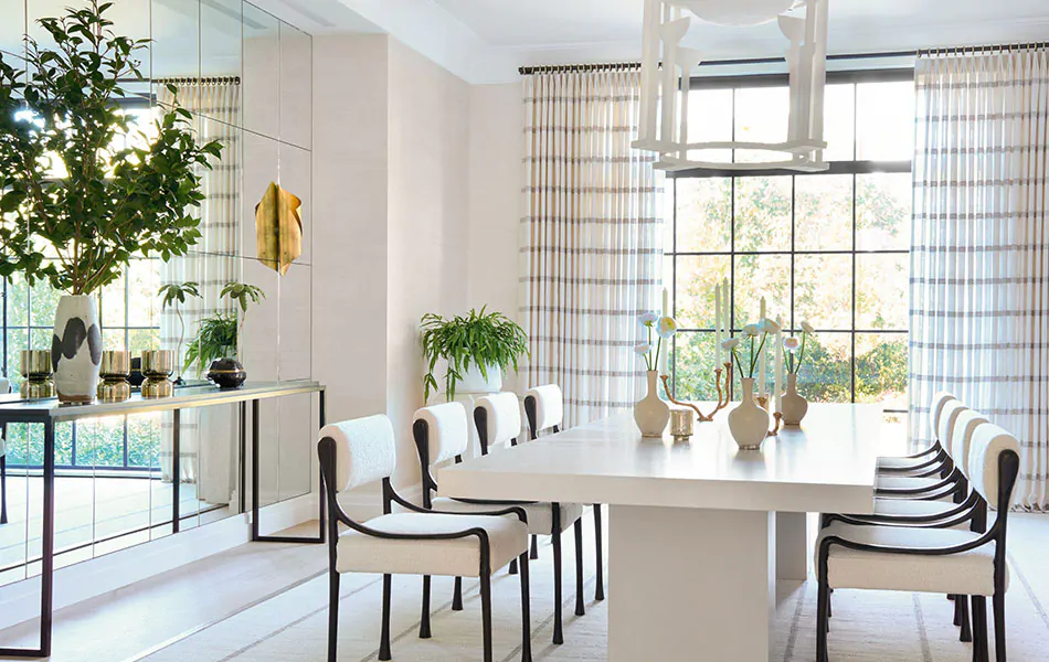 Dining room curtain ideas like Victoria Hagan's subtle stripe fabric Lily in Silver adds structure to your design