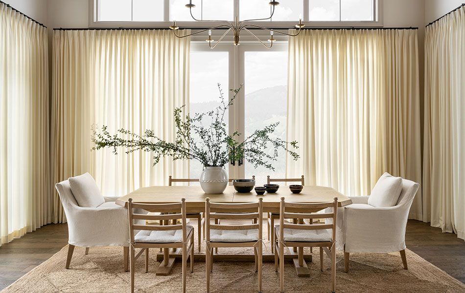 Dining room curtain ideas like soft Wool Blend drapes in Snow from wall to wall create an inviting space