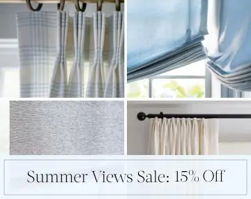 Four images show various window treatments on sale with overlaid sales messaging for Summer Views Sale: 15% Off