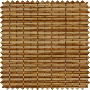 A swatch of Tahoe in Oak shows the thick woven reeds and rich, natural wood tone of the woven wood shade material